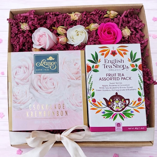 Rózsa - ajándékdoboz csokival, bio teaválogatással