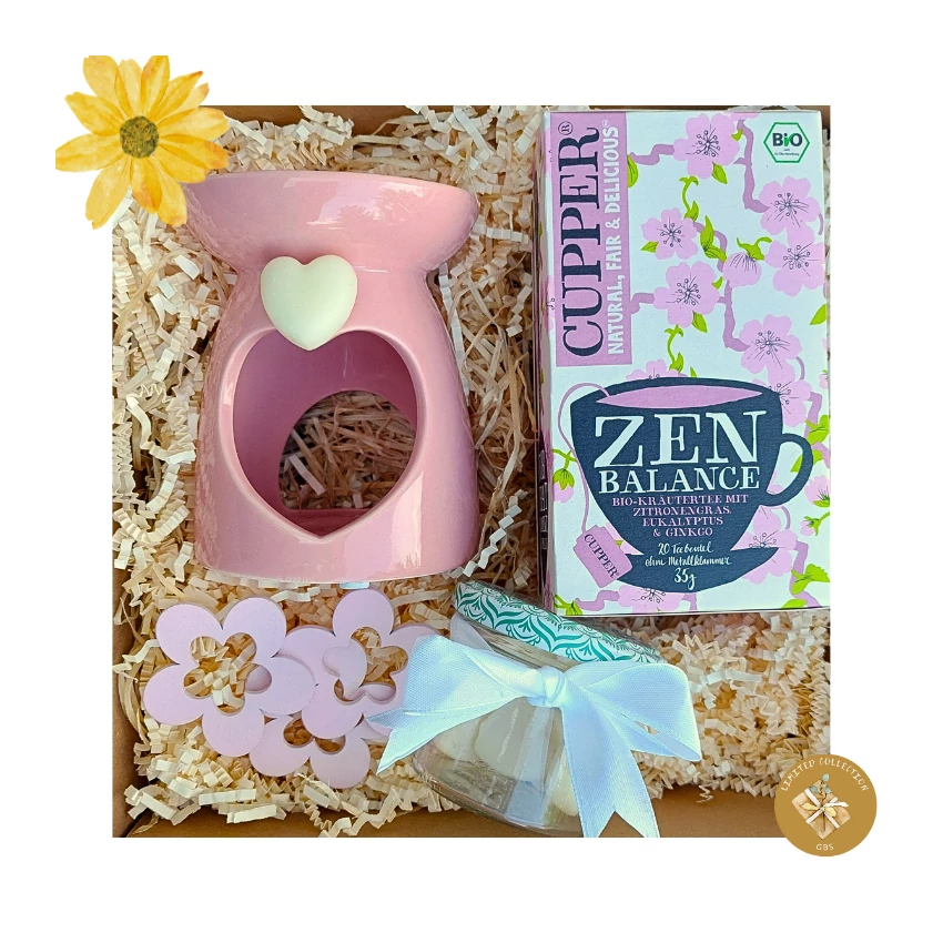 Nyugalom- ajándékdoboz pasztell rózsa aroma mécsessel és bio teával