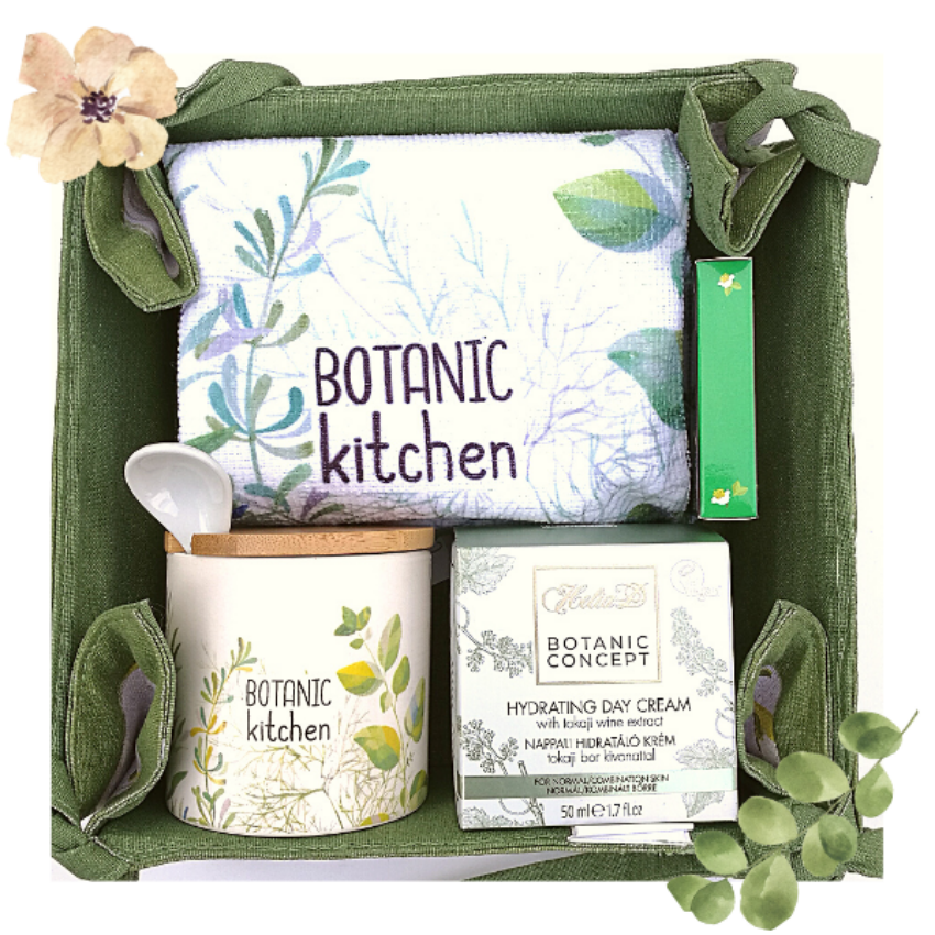 Botanic kitchen- pamutkosár ajándékba, kiegészítőkkel és arckrémmel