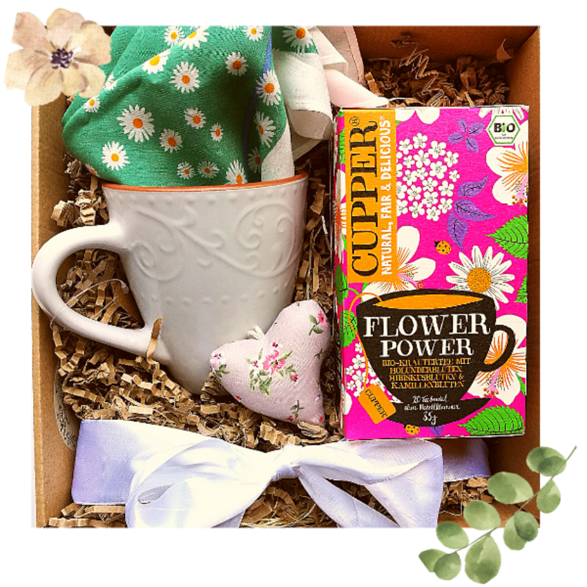 Flower power-ajándékdoboz kendővel és teával