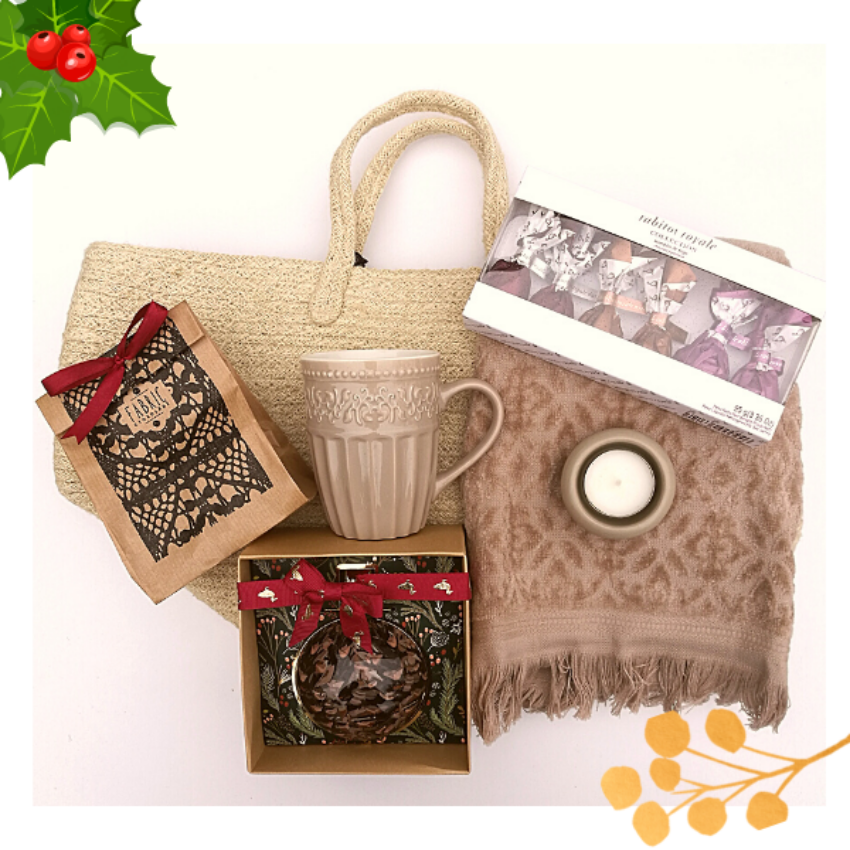Téli délután-ajándék hölgyeknek táskában: tusfürdővel, forró csokival, mécsestartóval, édességgel